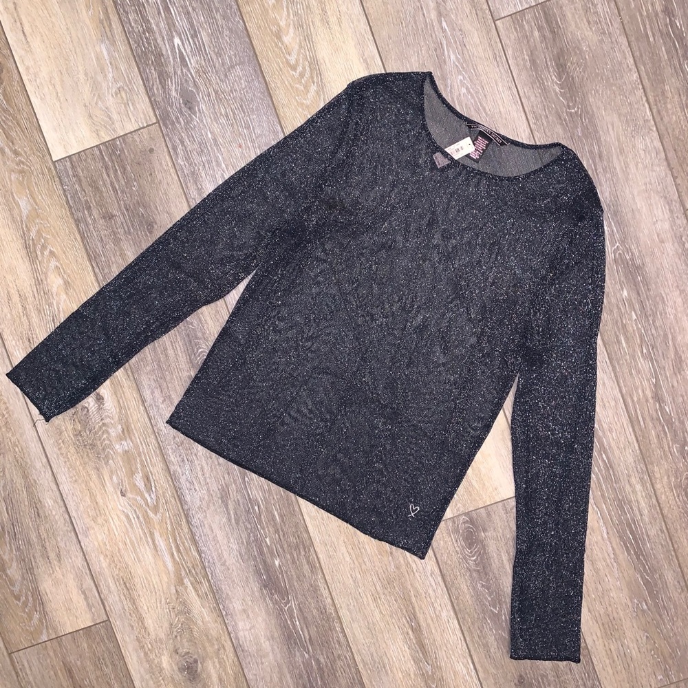 black shimmery mesh long sleeve top